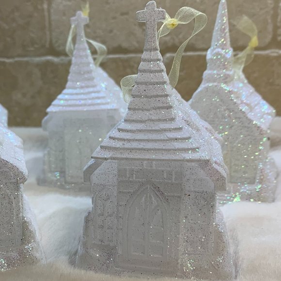 Set of 5 White Glitter Church Ornaments - set 1 - Picture 3 of 5